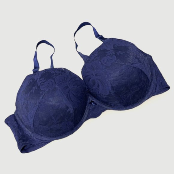 LIKE NEW!! 42DDD TORRID NAVY BLUE PLUNGE PUSH-UP FLORAL LACE BACK SMOOTHING BRA - Picture 3 of 10